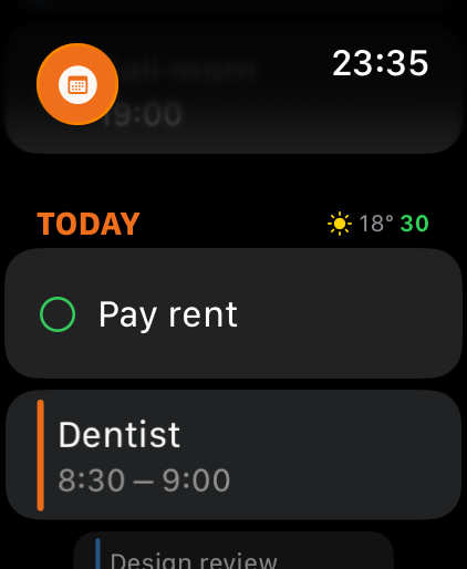 Alarmando Apple Watch timeline with Today and weather